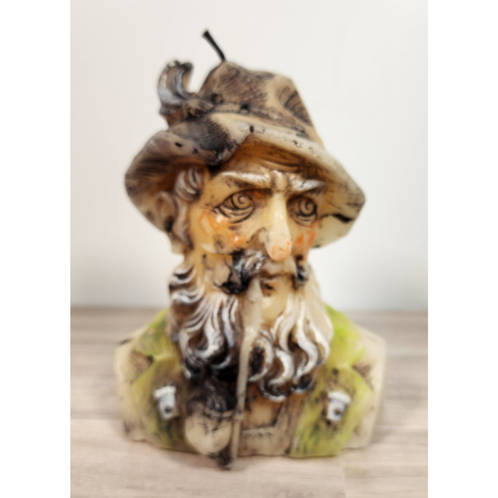 Vtg Hand Carved Candle Old Man w/ Pipe Unburned Unique Lots Of Details 7" (FB2)